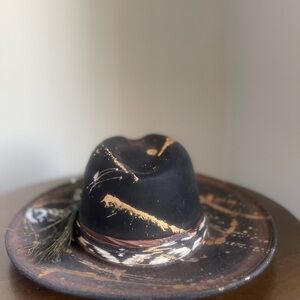 Black and Brown Distressed Hat with Feather